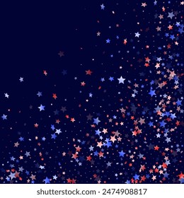 El Día del Patriota Americano es el fondo. Confeti en colores de la bandera de Estados Unidos para el Día de la Independencia. Estrellas blancas rojas y azules frías en Vector patriótico americano oscuro. 4 de julio, polvo de estrellas de vacaciones.