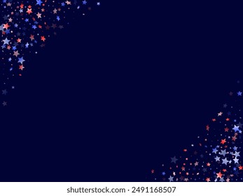 American Patriot Day stars background. Holiday confetti in USA flag colors for Presidents Day. Cool red blue white stars on dark American patriotic vector. July 4th holiday stardust.