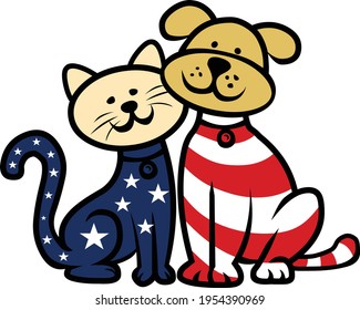 American patriot dog and cat vector illustration isolated on white background