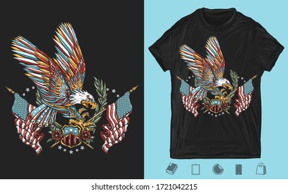 American patriotic art. Eagle, laurel branches and crossed USA flags.  Creative print for dark clothes. T-shirt design. Template for posters, textiles, apparels 