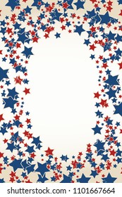 American patriotic background. United States blank white frame with space for text. Independence day design template. Scattered small stars vertical backdrop.