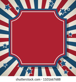 American patriotic background. United States blank vintage red frame with space for text. Independence day design template. Stars and stripes backdrop.