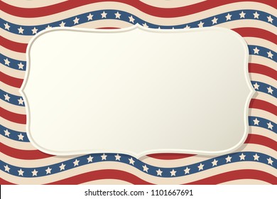 American patriotic background. United States blank vintage horizontal frame with space for text. Independence day design template. Stars and stripes backdrop.