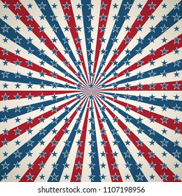 American patriotic background. United States Independence day sqaure design wallpaper. Stars and stripes backdrop with retro rays of light.