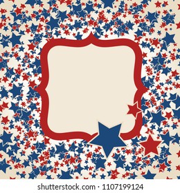 American patriotic background. United States blank frame with space for text. Independence day design template. Scattered small stars square backdrop.
