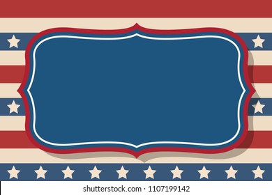 American patriotic background. United States blank vintage dark blue frame with space for text. Independence day horizontal design template. Stars and stripes backdrop.