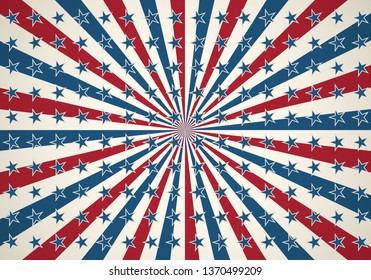 American patriotic background. United States Independence day design horizontal wallpaper. Stars and stripes backdrop with retro rays of light.