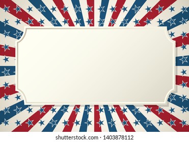 American patriotic background. United States blank vintage horizontal frame with space for text. Independence day design template. Stars and stripes backdrop.