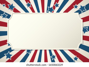 American patriotic background. United States blank vintage horizontal frame with space for text. Independence day design template. Stars and stripes backdrop.