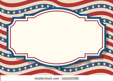 American patriotic background. United States blank vintage white frame with space for text. Independence day horizontal design template. Stars and stripes backdrop.