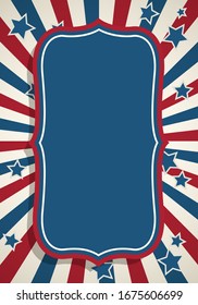 American patriotic background. United States blank vintage blue frame with space for text. Independence day vertical design template. Stars and stripes backdrop.