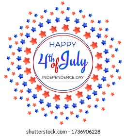 American patriotic background. United States round frame with space for text. Independence day design template. Scattered stars backdrop. Red and blue stars border frame for American Independence Day.