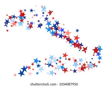 American Patriotic Background, Vector Blue, Red, White Stars Confetti. Labor, Independence, Memorial Day, 4th of July Election Frame. American Patriotic Decoration, Freedom Falling Stars Texture.