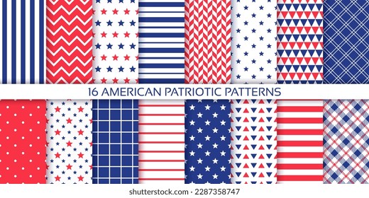 American patriotic backgrounds. 4th July seamless patterns. America independence day texture with stars, stripes and check. Collection geometric prints. Blue red modern wallpaper. Vector illustration