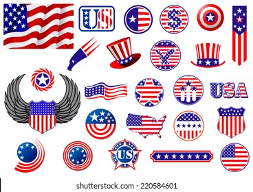 American patriotic badges, symbols and labels decorated with the stars and stripes showing a flag, eagle, map, shield, wings, banner, star and variety of round designs