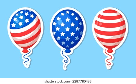 Amerikanische patriotische Ballons mit der Flagge der Vereinigten Staaten. Aufkleber für den 4. Juli Unabhängigkeitstag der USA. Einzige Designelemente auf blauem Hintergrund. Vektorgrafik im Cartoon-Stil.