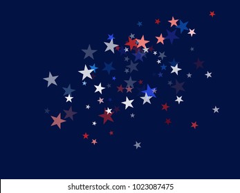 American Patriotic Banner, Vector Blue, Red, White Stars Confetti. Labor, Independence, Memorial Day, 4th of July Election Frame. American Patriotic Background, Cool Falling Stars Flag Texture.