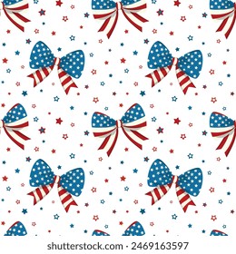 American patriotic bow seamless pattern for Independence Day celebration. Isolated on white background. 4th of July holiday decor