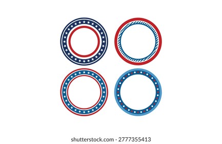 American Patriotic Circle Frame Collection with Red Blue Stars Decorative Border Elements Vector Illustration Set