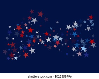 American Patriotic Design, Vector Blue, Red, White Stars Confetti. Labor, Independence, Memorial Day, 4th of July Election Pattern. American Patriotic Design, Freedom Falling Stars Texture.