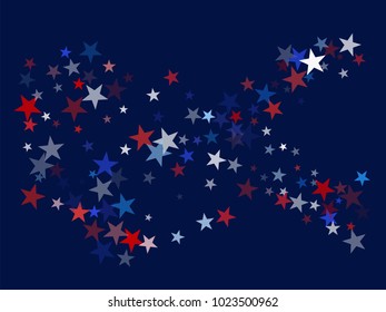 American Patriotic Design, Vector Blue, Red, White Stars Confetti. Labor, Independence, Memorial Day, 4th of July Election Banner. American Patriotic Background, Cool Falling Stars Flag Texture.