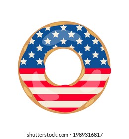 American Patriotic Donut with flag of USA on the glaze. Independence Day doughnut.  Vector template for typography poster, banner, flyer, sticker, t-shirt, postcard, logo design, etc.