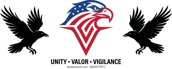 American patriotic eagle head logo with stars stripes design flanked by flying raven bird silhouettes