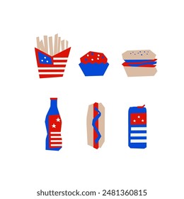American patriotic fast food hot dog, french fries, hamburger  and drink bottle  shape for 4th of July USA Independence Day picnic party in cutout style  