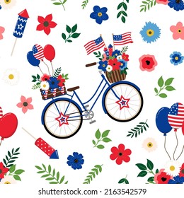 American patriotic floral retro blue bike with american flags, and balloons seamless pattern. Isolated on white background. American Independence day themed design background.