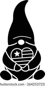 American patriotic gnome black silhouette design isolated. 
Cute 4th of July characters clipart cartoon vector illustration.
USA Independence day.
Transparent background.