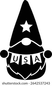American patriotic gnome black silhouette design isolated. 
Cute 4th of July characters clipart cartoon vector illustration.
USA Independence day.
Transparent background.