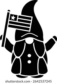 American patriotic gnome black silhouette design isolated. 
Cute 4th of July characters clipart cartoon vector illustration.
USA Independence day.
Transparent background.