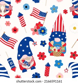 gnomos patrióticos americanos con arreglos florales, petardos y banderas de los EE.UU. Patrón veloz. Aislado sobre fondo blanco. Diseño de vacaciones para papel digital y fondos de pantalla.