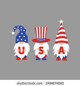 American patriotic  gnomes. USA Independence day. 4th of July characters clipart.  Vector illustration.