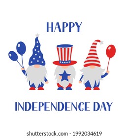 American Patriotic  Gnomes. USA Independence Day Greeting Card. Funny 4th Of July Characters.  Vector Illustration.