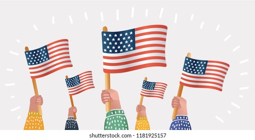 American patriotic holiday. People holding in their hands national flags of USA outdoors. America celebrate 4th of July. Vector cartoon illustration in modern concept