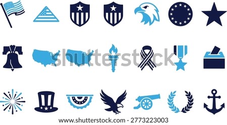 American patriotic icons set, flat design, USA symbols, patriotic graphics, American elements collection.
