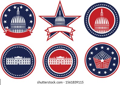 American Patriotic Red, White and Blue, Capital, White House and Pentagon Logos Isolated Vector Illustration