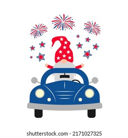 American patriotic retro car with cute gnome. Independence Day truck. Vector  template for greeting card, banner, poster, flyer, etc.