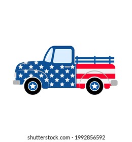 American patriotic retro truck. Independence Day truck. Vintage pickup. Vector  template for greeting card, banner, poster, flyer, etc.