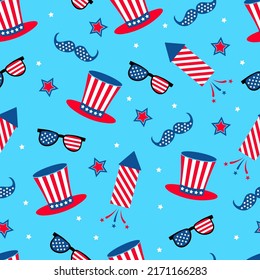 American patriotic seamless pattern. 4th of July traditional background.  Hats and fireworks backdrop. Vector template for fabric, textile, wallpaper, wrapping paper, etc. 