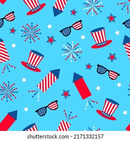 American patriotic seamless pattern. 4th of July traditional background.  Hats and fireworks backdrop. Vector template for fabric, textile, wallpaper, wrapping paper, etc. 