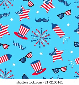 American patriotic seamless pattern. Fourth of July traditional background.  Hats and fireworks backdrop. Vector template for fabric, textile, wallpaper, wrapping paper, etc. 