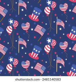 American patriotic seamless pattern with traditional items, flags and stars on blue background. Vector holiday illustration related for all National USA holiday as Independence day