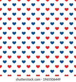 American patriotic seamless pattern. USA traditional background.  Red blue white hearts backdrop. Vector template for fabric, textile, wallpaper, wrapping paper, etc. 