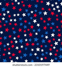 American patriotic seamless pattern. USA traditional backdrop.  Red white blue stars background. Vector template for fabric, textile, wallpaper, wrapping paper, etc. 