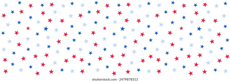 Patrón patriótico americano sin fisuras. Día de la Independencia de EE.UU. Estrellas en colores nacionales. Adecuado para el diseño textil, embalaje, Fondo de pantalla, scrapbooking. Ilustración plana de Vector.