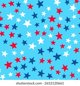 Padrão patriótico americano sem emenda. Fundo tradicional dos EUA.  Estrelas brancas vermelhas sobre fundo azul. Modelo de vetor para tecido, têxtil, papel de embrulho, papel de parede, etc