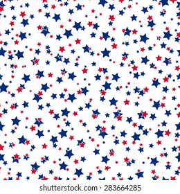 American Patriotic Stars Seamless Pattern In Bright Red, Blue And White. Independence Day Vector Background.