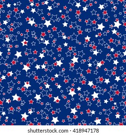 American patriotic stars seamless pattern in bright red, blue and white. Independence day vector background.